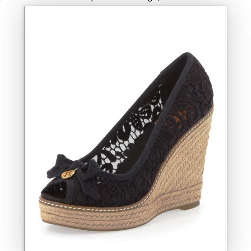 Tory Burch Jackie Lace Espadrille Wedge Heel size 9.5 Black